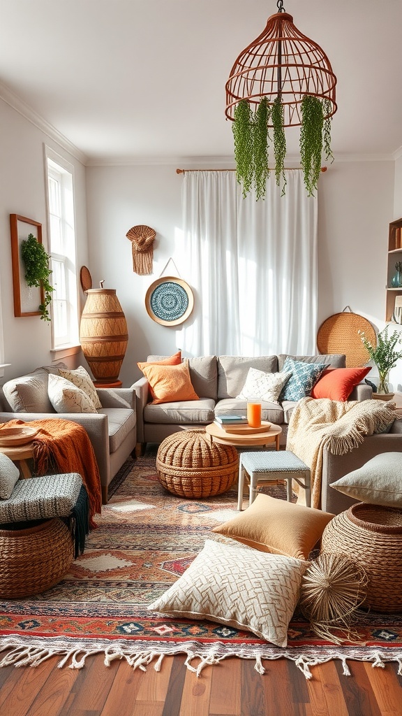 A cozy bohemian living room featuring soft cushions, woven baskets, and warm lighting.