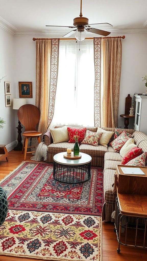 A boho living room featuring a mix of patterns and prints with colorful cushions, layered rugs, and eclectic furniture.