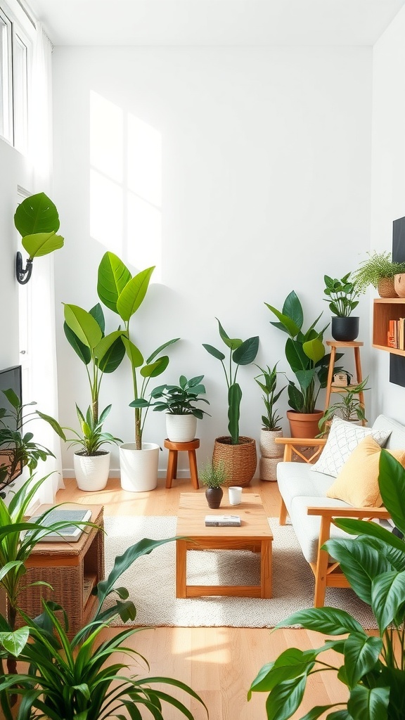 A bright and airy boho living room filled with various indoor plants, featuring a wooden coffee table and natural textures.