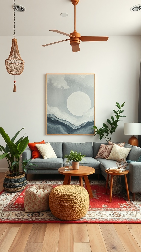 A stylish boho living room featuring a grey sectional sofa, vibrant throw pillows, a large mountain artwork, a red patterned rug, and indoor plants.