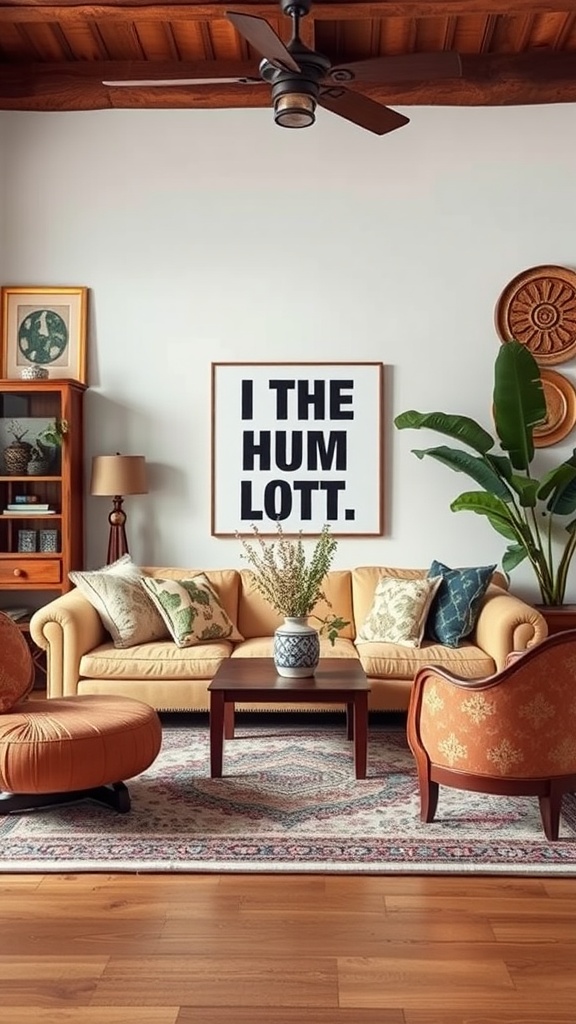 Boho living room with yellow sofa, orange chairs, and bold art on the wall.