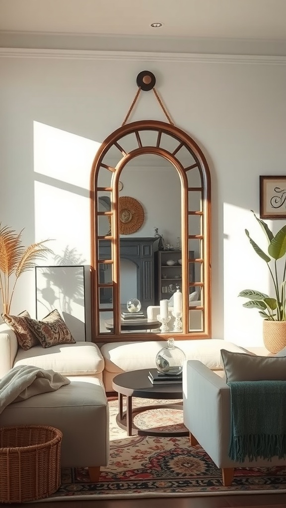 A bohemian living room featuring a large arched mirror, bright sunlight, and cozy decor.