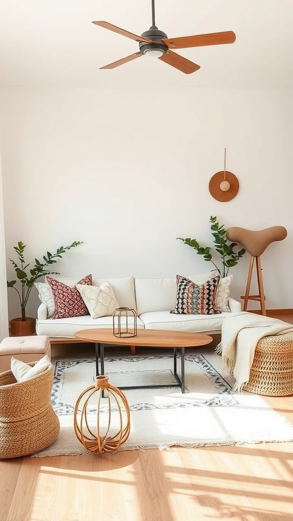 A bright boho living room featuring a white couch with colorful pillows, wooden coffee table, woven baskets, and natural light.