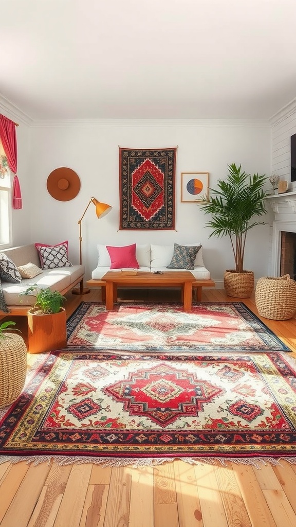 A colorful boho living room with a vibrant rug, cozy seating, and plants.