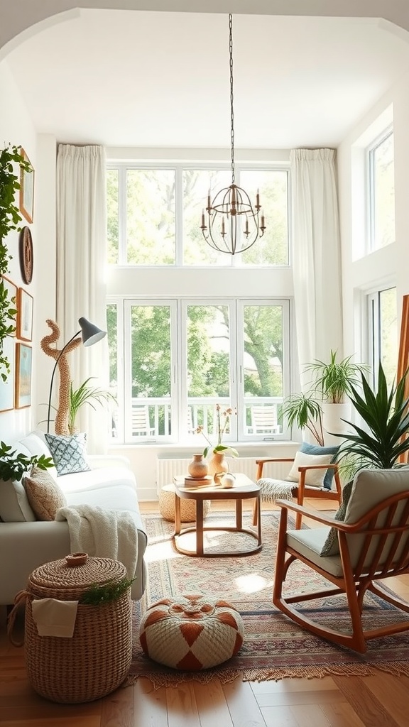 Bright and inviting boho living room with large windows, light curtains, plants, and cozy seating.