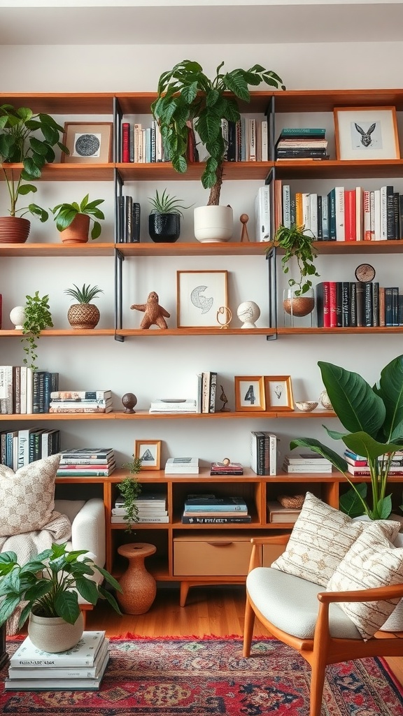 A stylish boho living room featuring open shelving filled with books, plants, and decorative items.