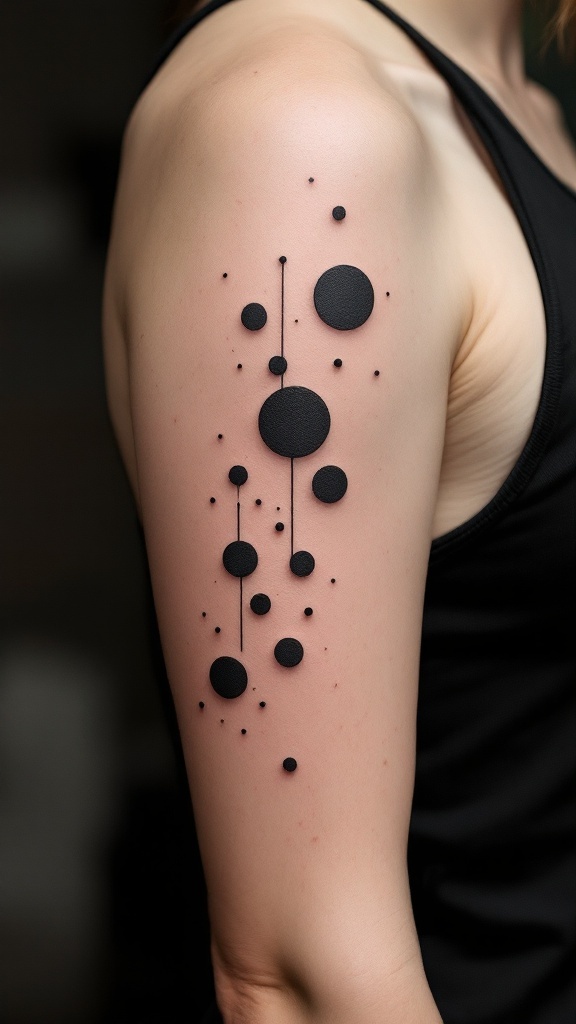 Minimalist abstract tattoo featuring black circles and dots on the arm.