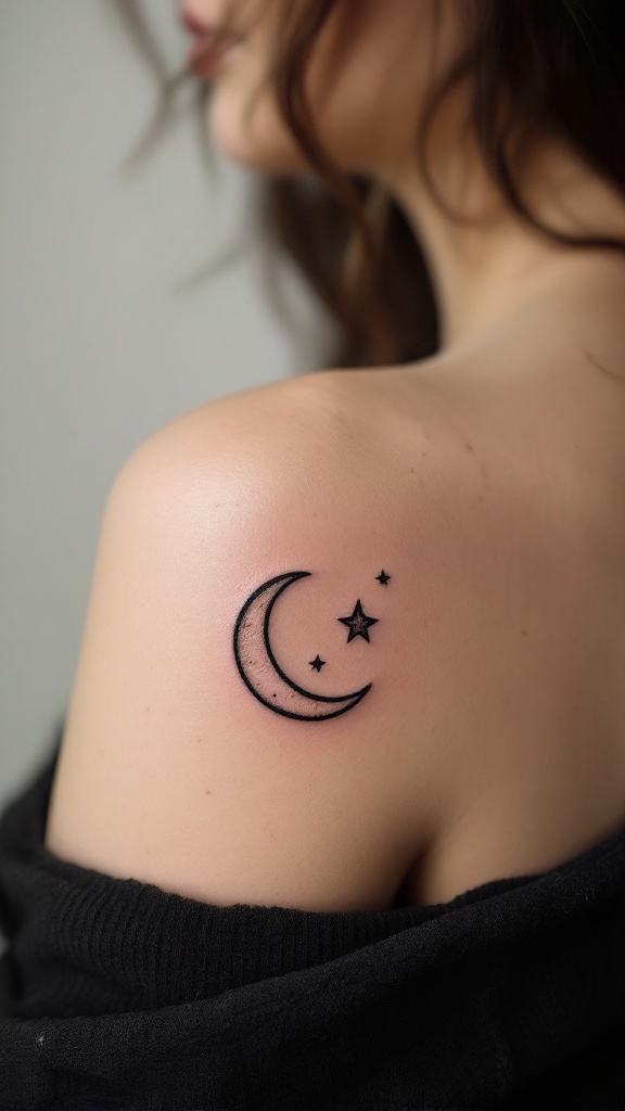 Minimalist tattoo of a crescent moon and stars on a shoulder