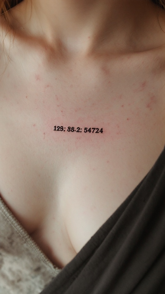 Minimalist tattoo displaying coordinates on the chest