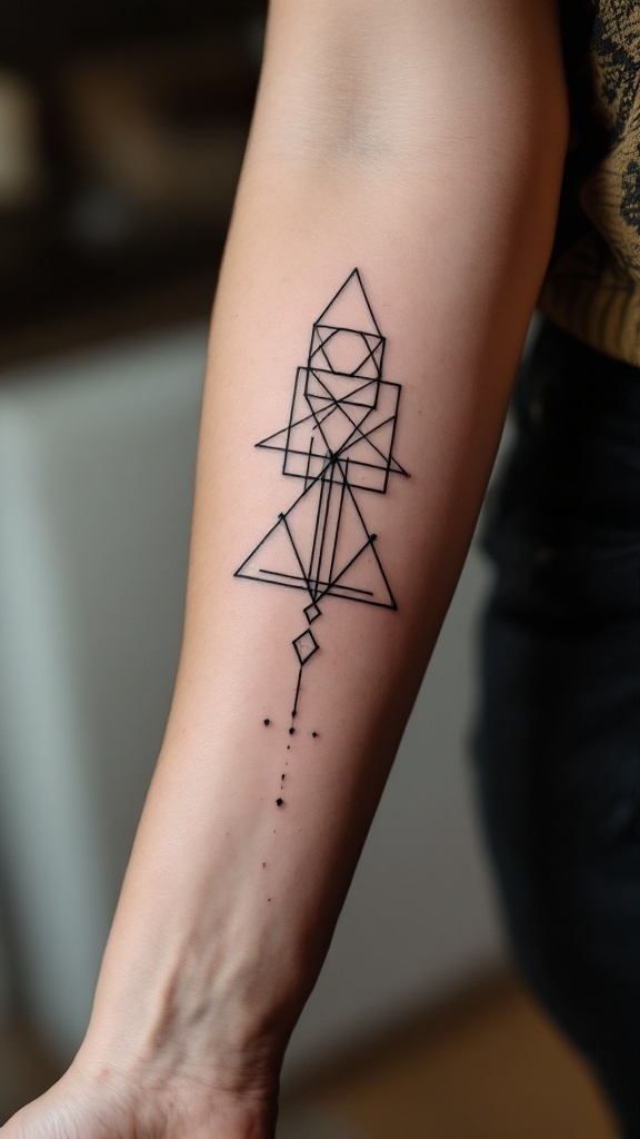 A minimalist geometric tattoo of a rocket shape made with black lines and dots.