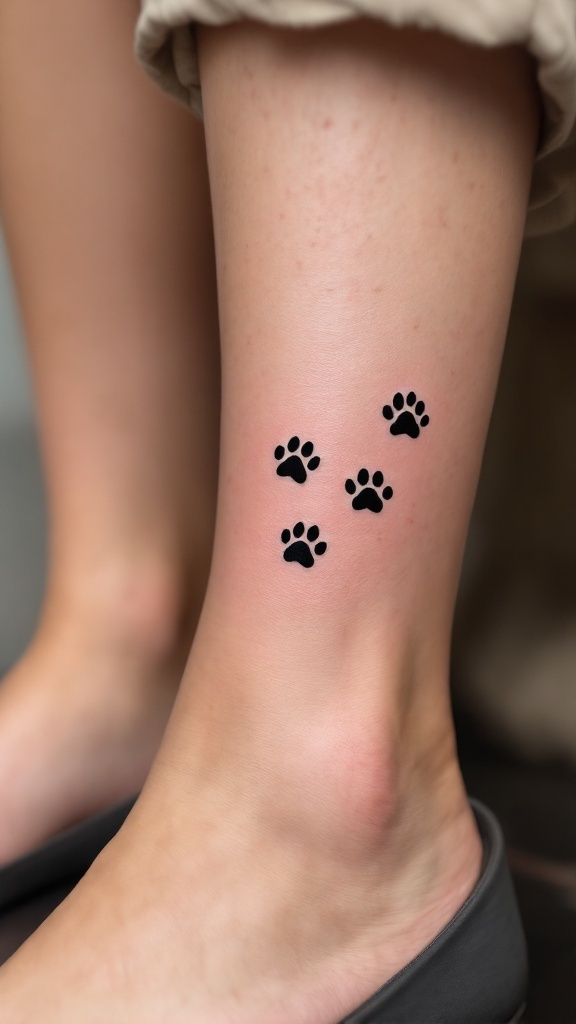 Minimalist tattoo of animal paw prints on a person's ankle