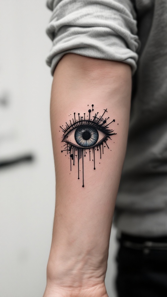 Minimalist tattoo design of an eye with unique ink drips