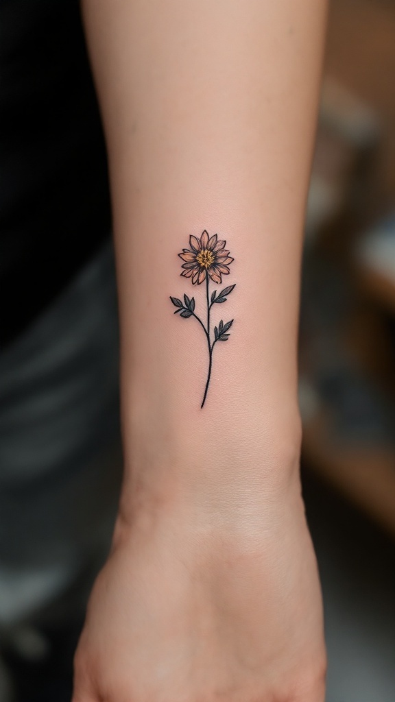 A delicate minimalist floral tattoo of a flower on a person's arm.