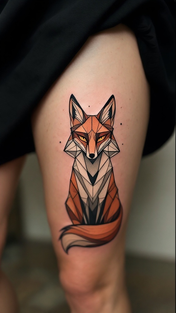 A minimalist geometric tattoo of a fox on a thigh, featuring sharp lines and vibrant orange colors.