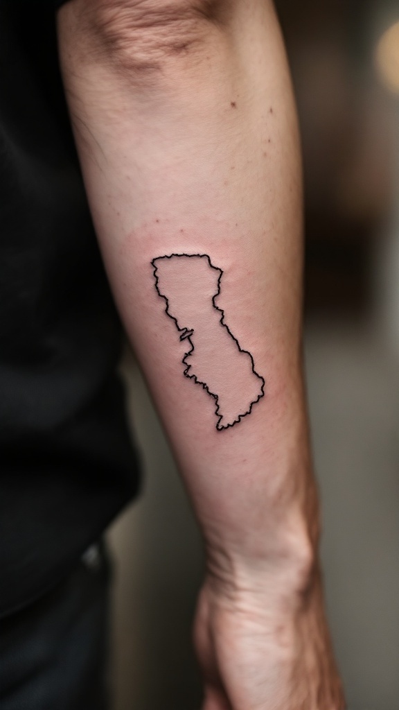 Minimalist tattoo of a map outline on a person's arm