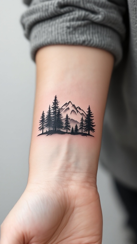 A minimalist tattoo of pine trees and mountains on a person's forearm