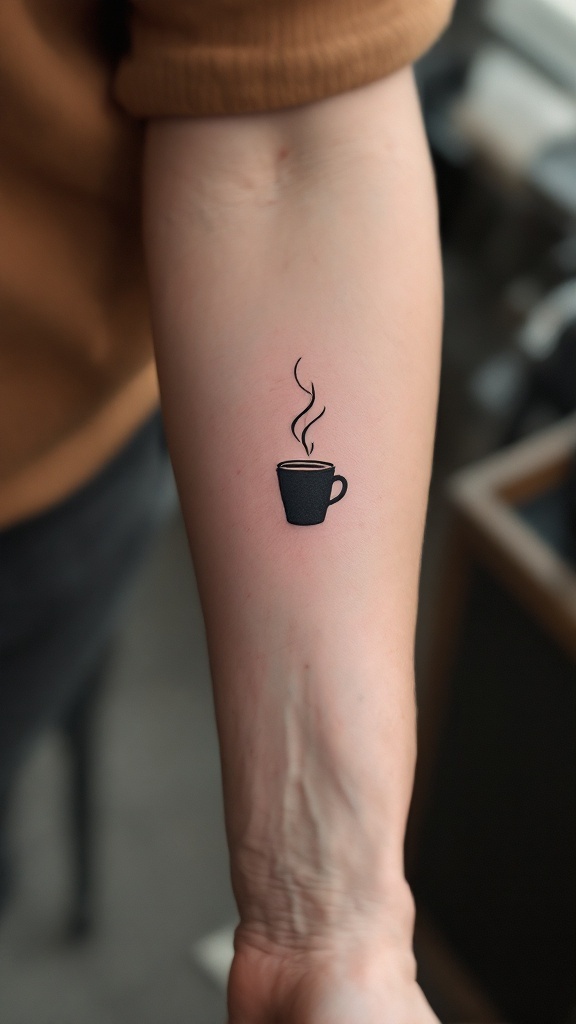 Minimalist tattoo of a silhouette coffee cup with steam