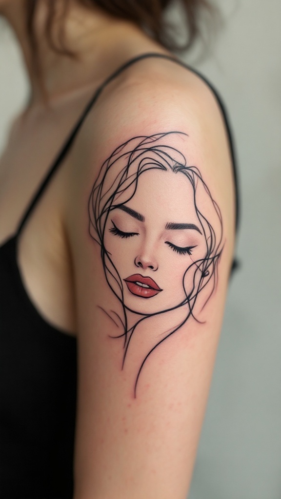 Minimalist single line portrait tattoo on upper arm