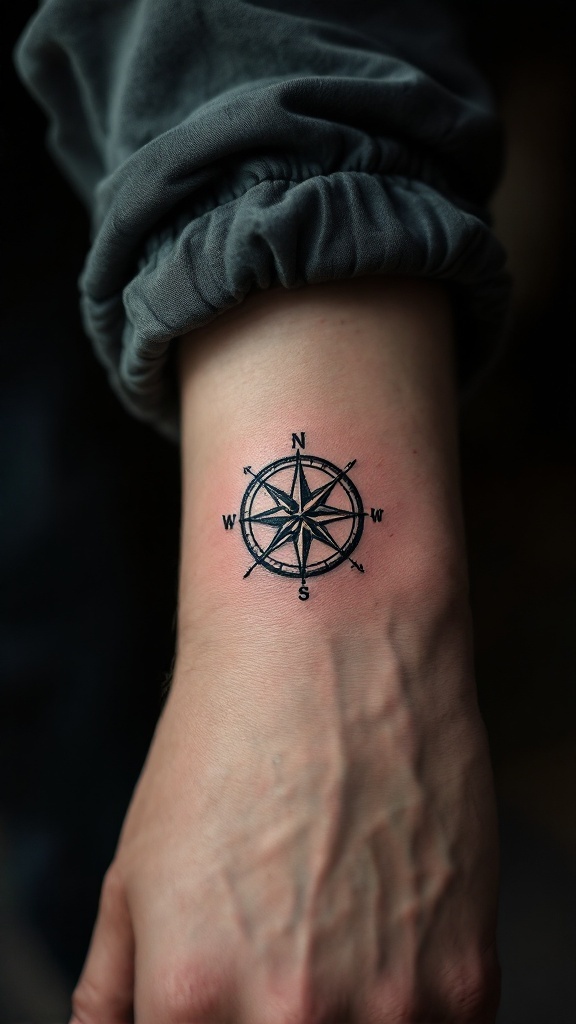 A small compass tattoo on a wrist, featuring clean lines and a classic design.