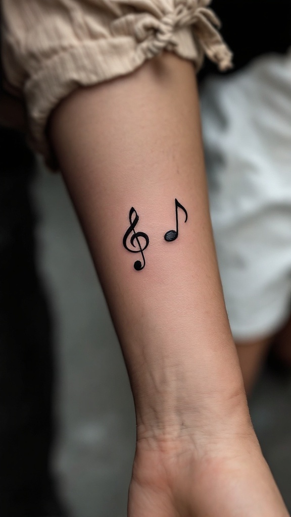 A minimalist tattoo featuring a treble clef and a music note on a person's forearm.