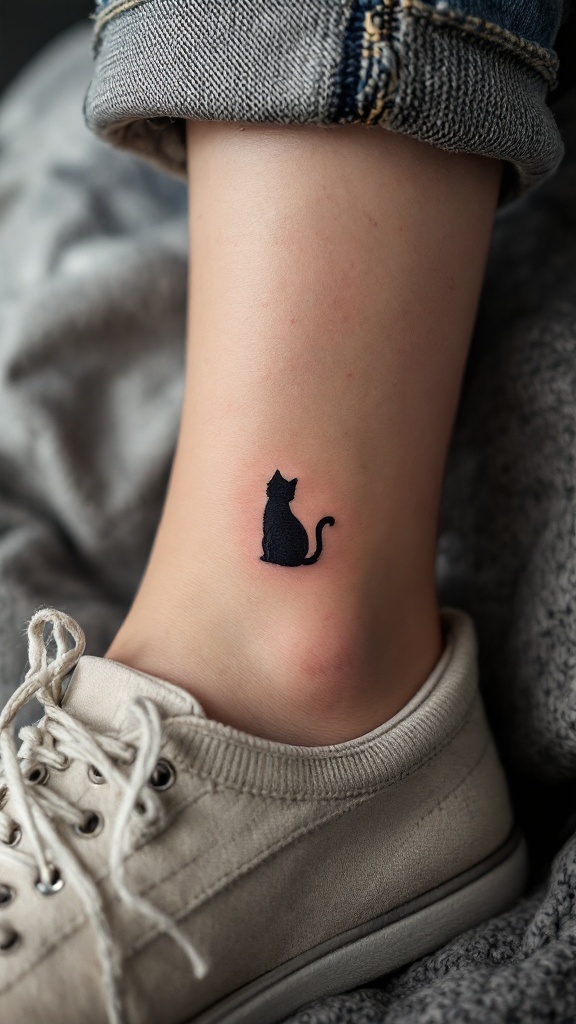 Tiny black cat silhouette tattoo on an ankle