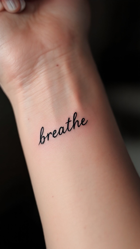 A wrist tattoo displaying the word 'breathe' in an elegant font