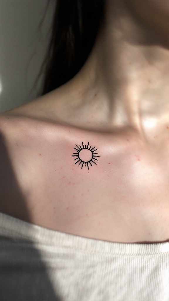 A tiny minimalist tattoo of a sun on a person's collarbone.