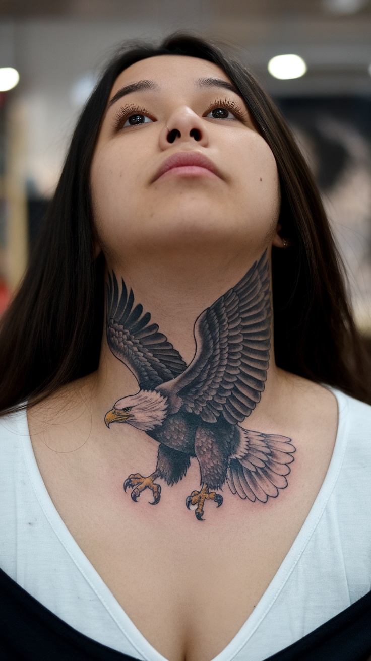 A woman with a large eagle tattoo on her throat, showcasing intricate details and bold colors.