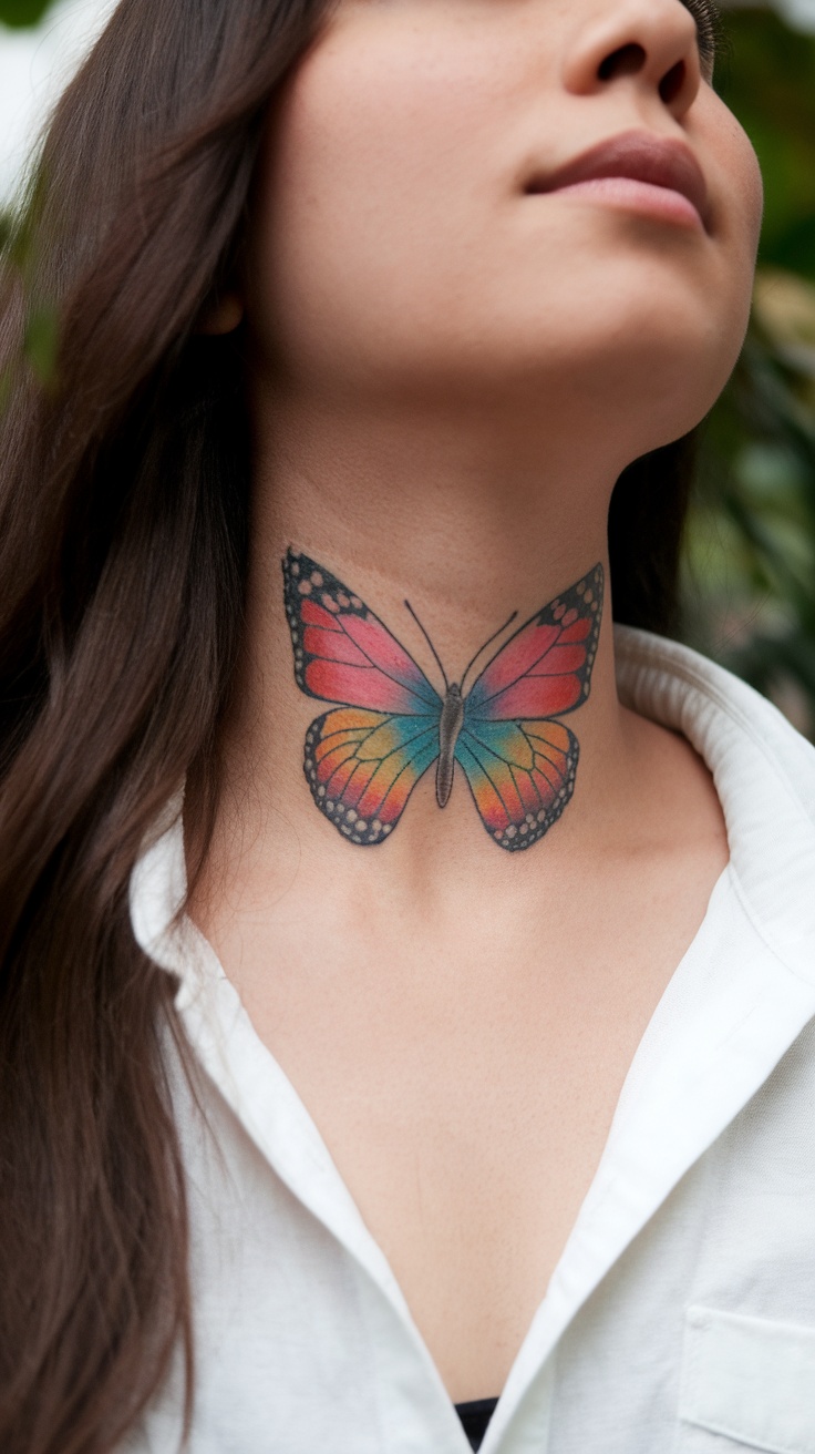 A woman with a colorful butterfly tattoo on her neck.