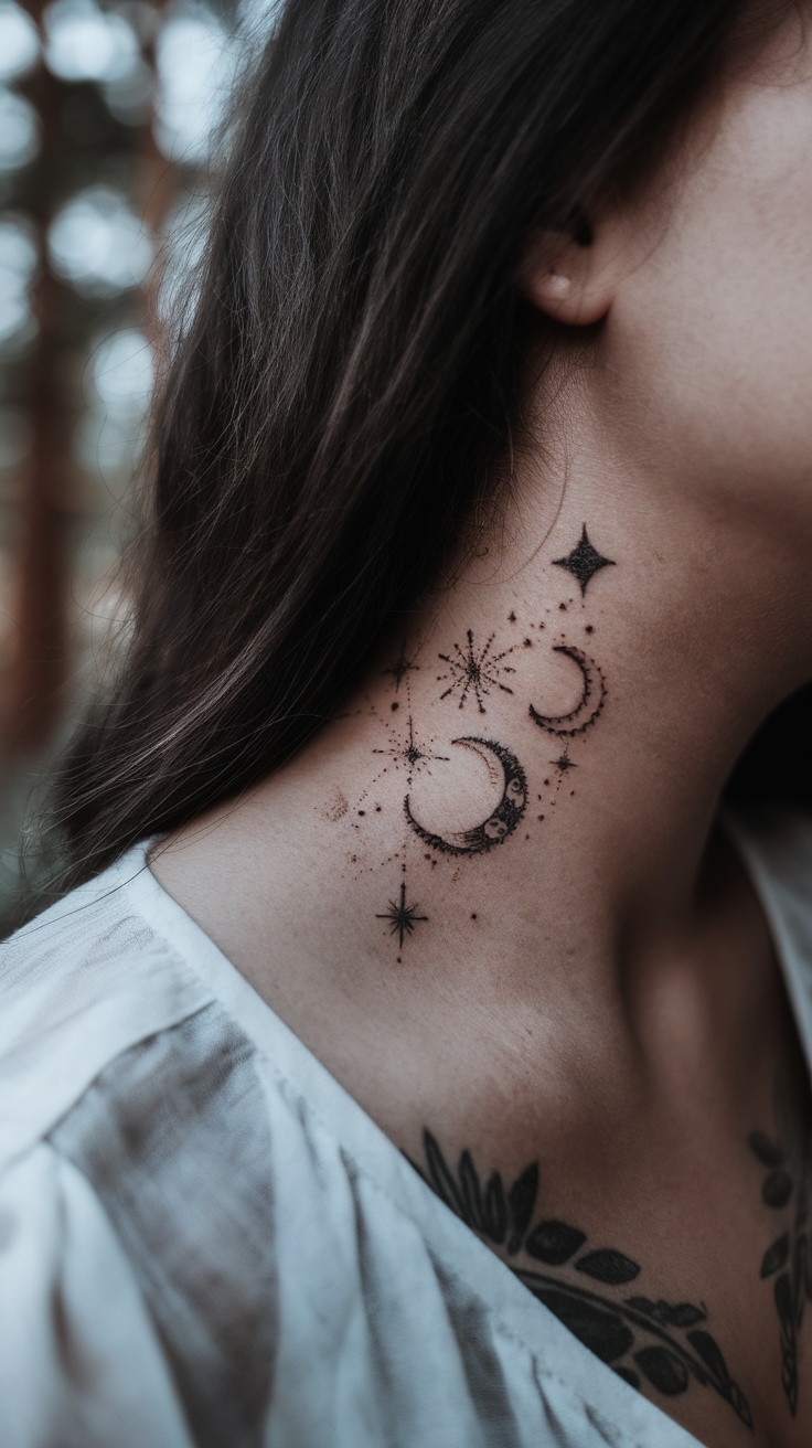 A close-up of a woman's neck featuring a celestial tattoo of moons and stars.