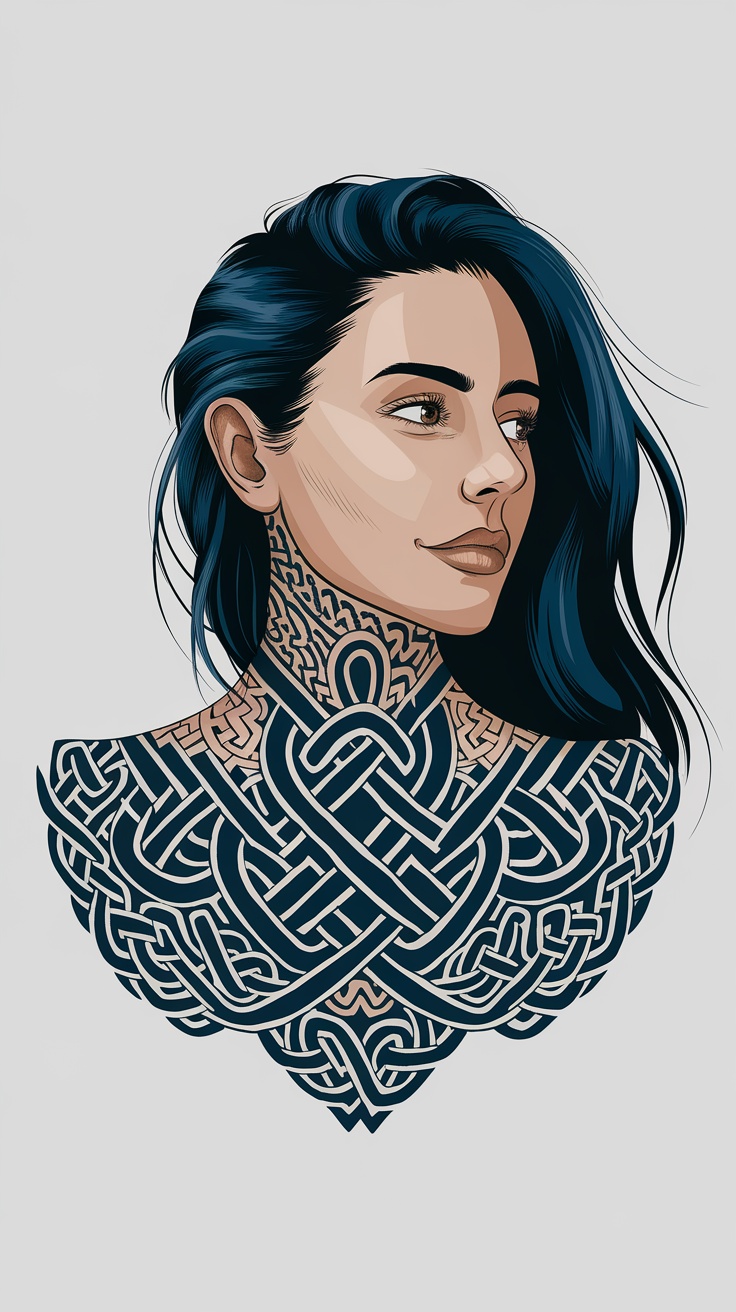 Woman with a Celtic knot tattoo design around her neck