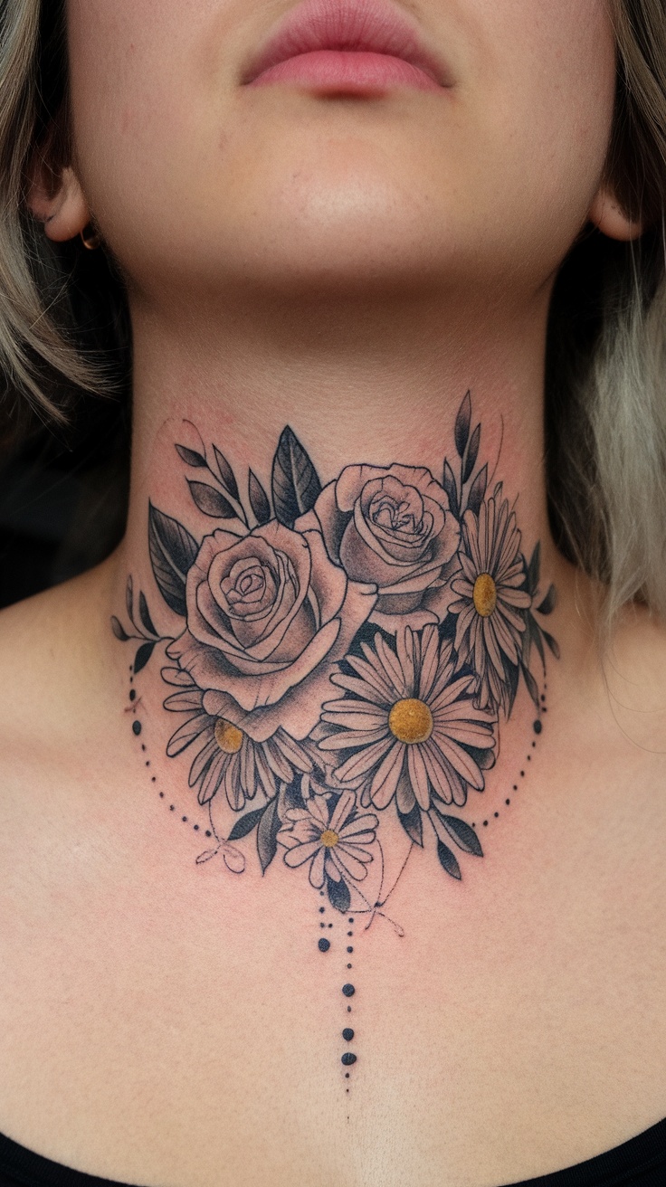 Tattoo of roses and daisies on a woman's neck