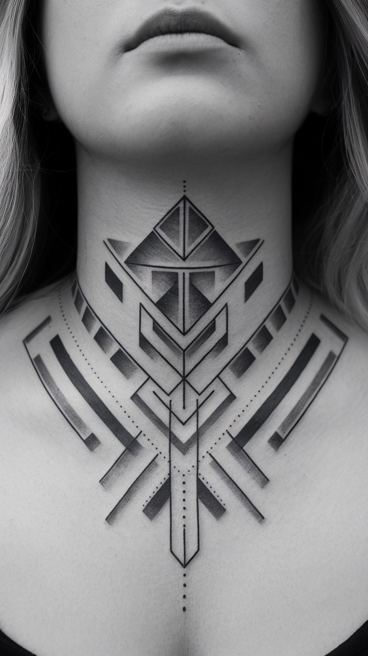 A neck tattoo featuring intricate geometric patterns in black ink