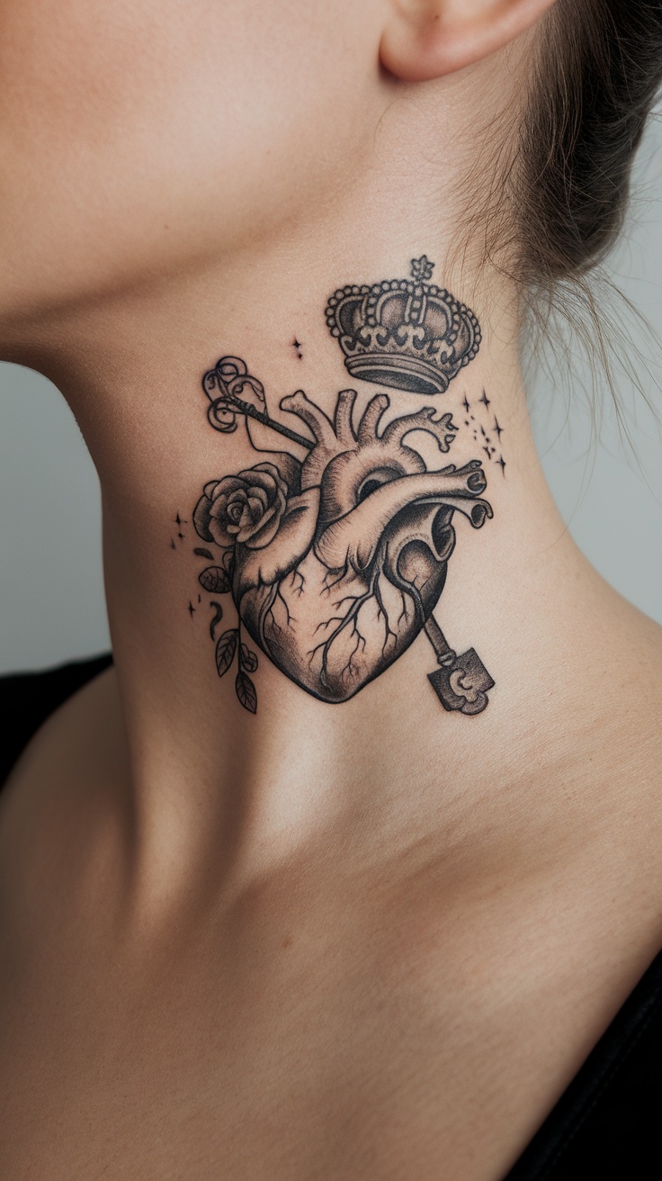 A detailed neck tattoo featuring a heart, rose, crown, key, and shovel.