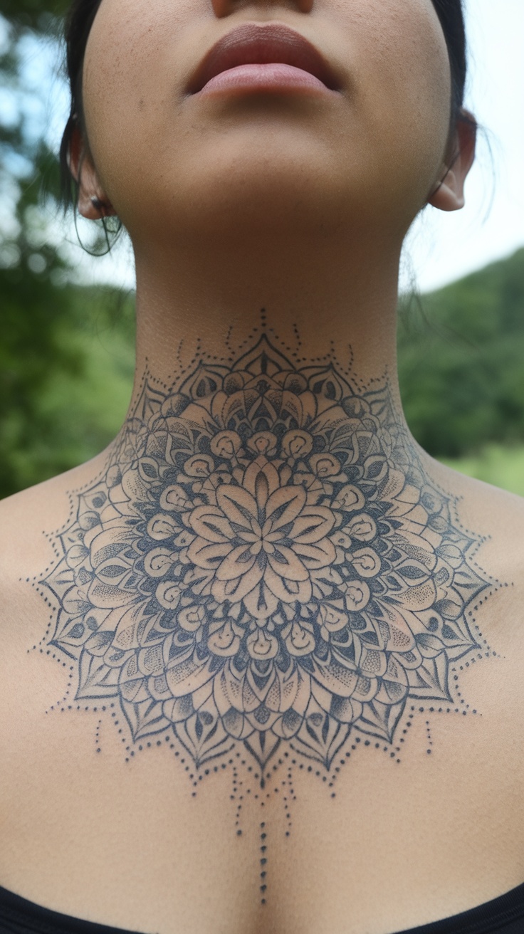 Close-up of a woman's neck tattoo featuring a detailed mandala design.