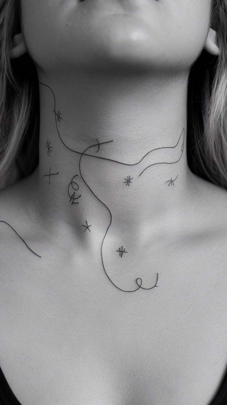 Minimalist neck tattoo featuring delicate lines and small symbols on a woman's throat