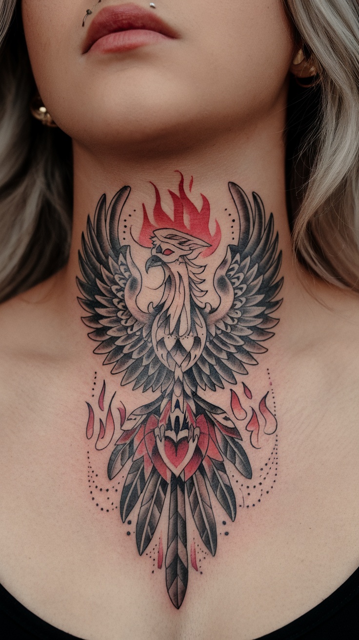 A detailed phoenix tattoo on a woman's throat with flames and feathers.