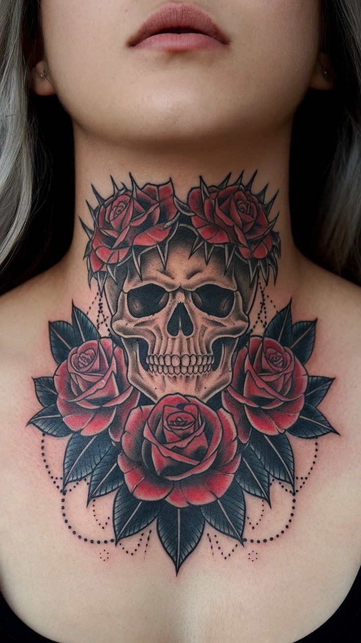 A detailed tattoo of a skull surrounded by red roses on a woman's throat