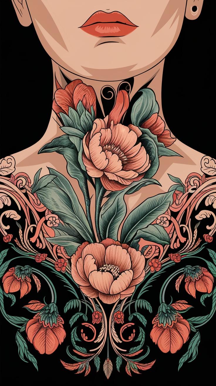 A vintage aesthetic neck tattoo featuring large flowers and intricate designs.