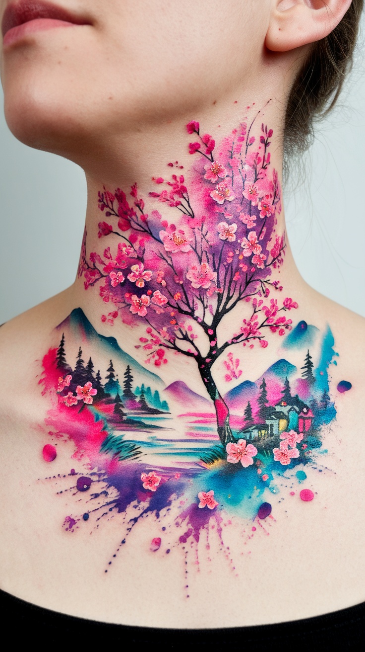 Colorful watercolor neck tattoo featuring a tree and flowers