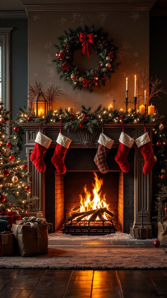 A beautifully decorated fireplace for winter with stockings, wreath, candles, and Christmas trees.