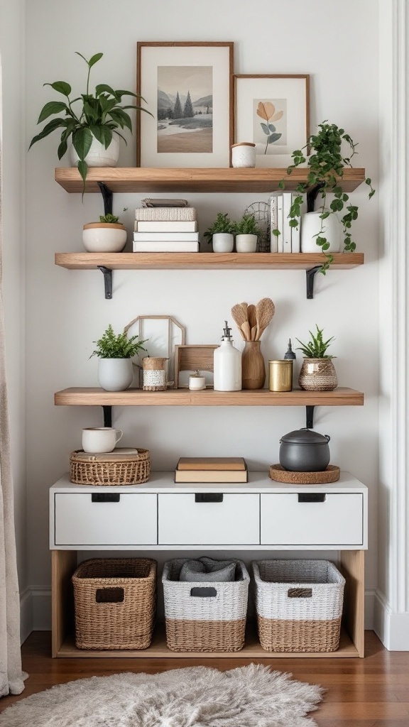 Stylish home storage with open shelves and a cabinet, featuring plants, books, and decorative items.