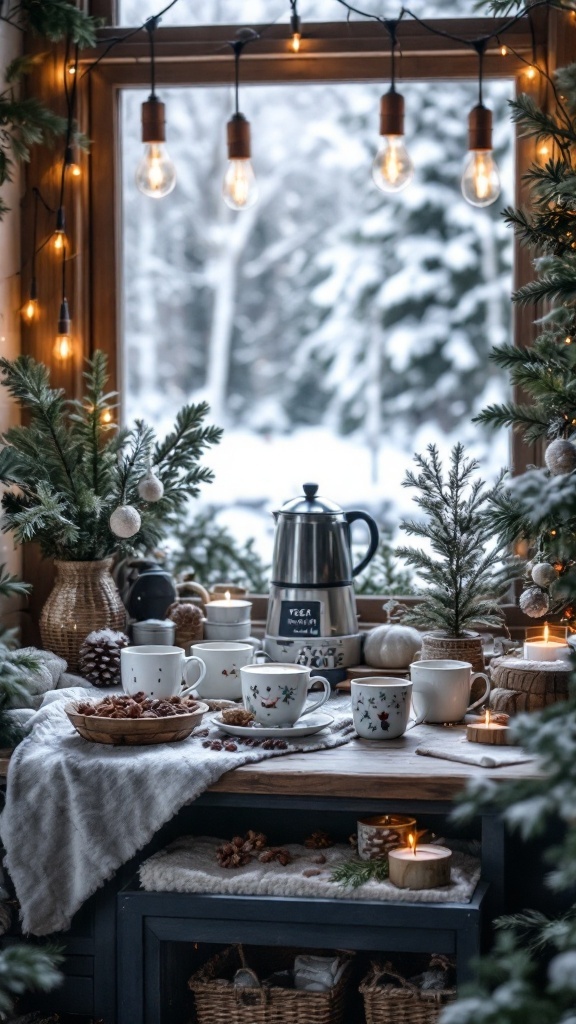 Cozy winter cocoa and tea station with mugs, kettle, snacks, and holiday decorations