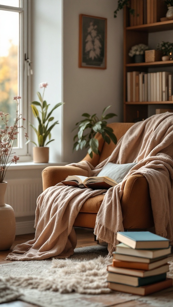 A cozy reading corner with a plush armchair, warm blanket, and a stack of books in a well-lit room.