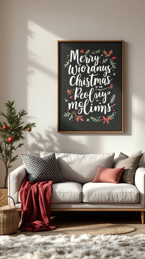 A cozy living room with festive wall art that says 'Merry Christmas' surrounded by floral decorations, complemented by a comfortable sofa and warm blankets.