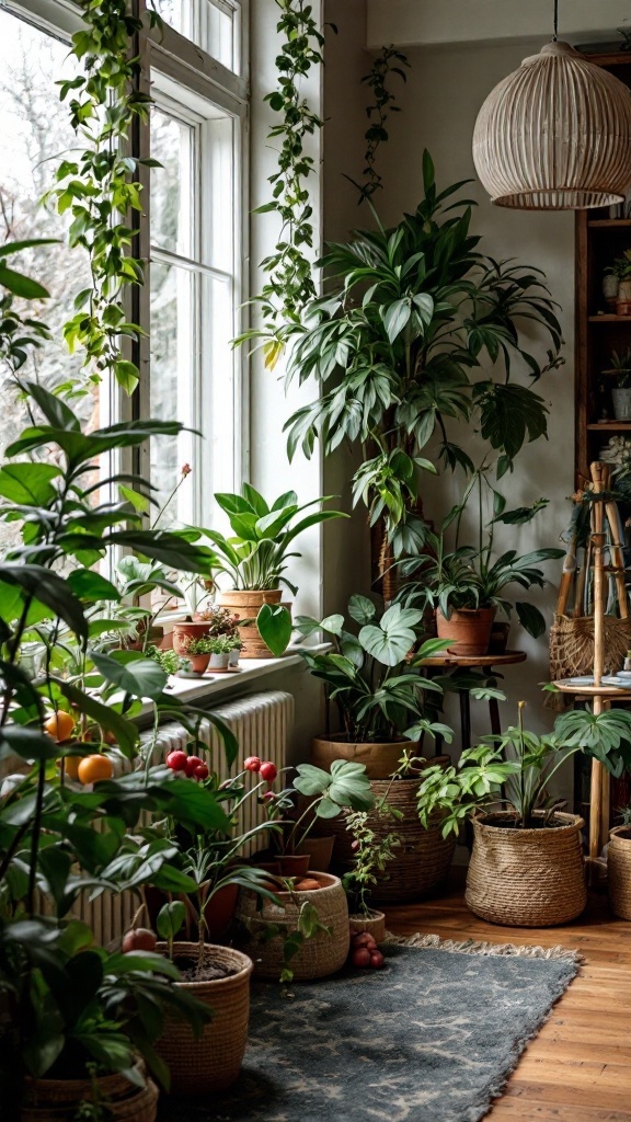 Cozy indoor space filled with various potted plants and natural decor elements.