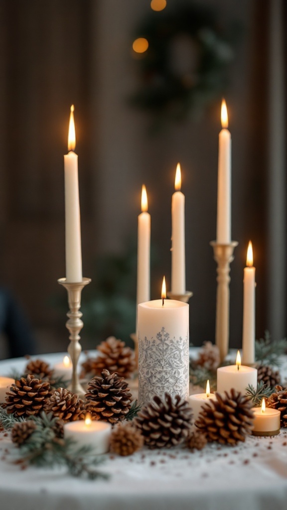 A cozy candle arrangement with various heights of candles, pinecones, and greenery.