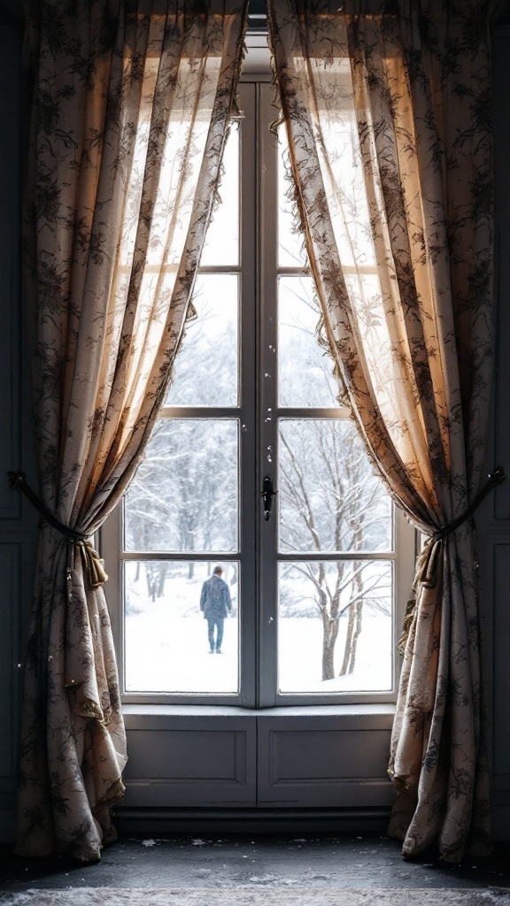 Window with layered curtains, snow visible outside
