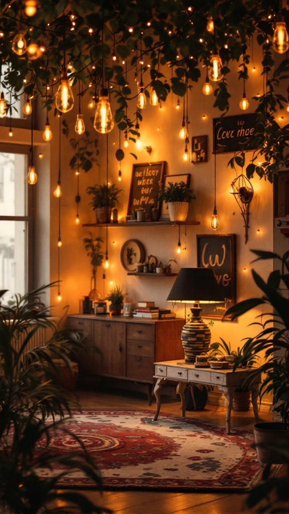A cozy room showcasing layered lighting with hanging bulbs, a table lamp, and plants