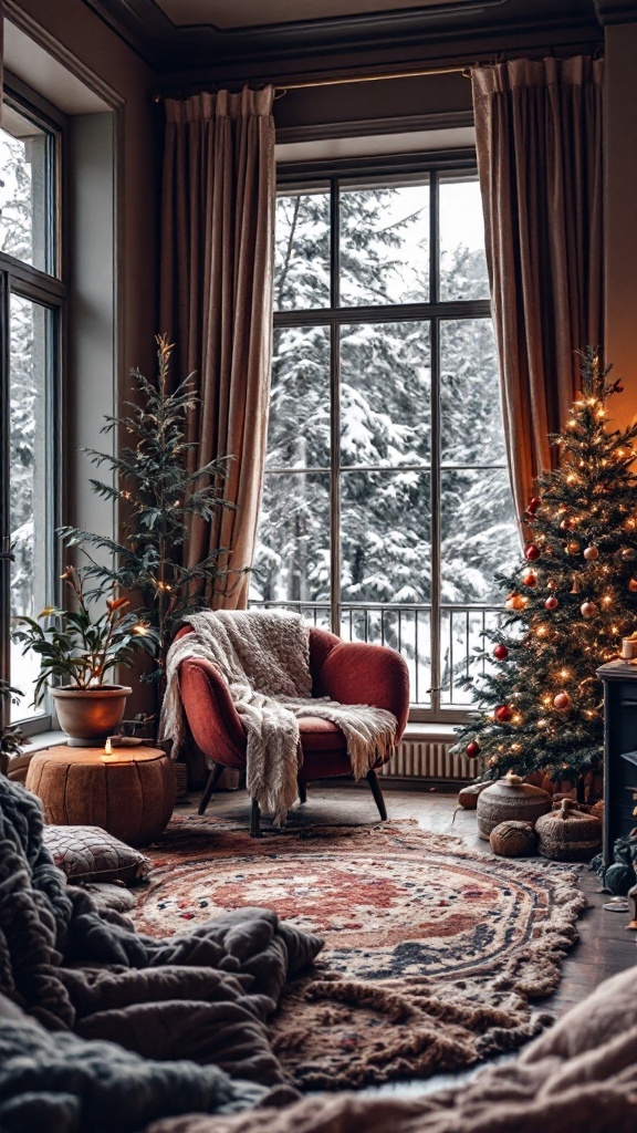 Cozy winter living room with warm colors, a Christmas tree, and soft furnishings.